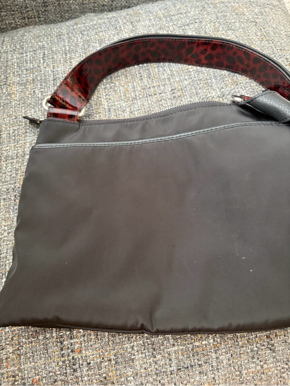 Brighton Vintage Black Crossbody with Red Leopard Patent Trim